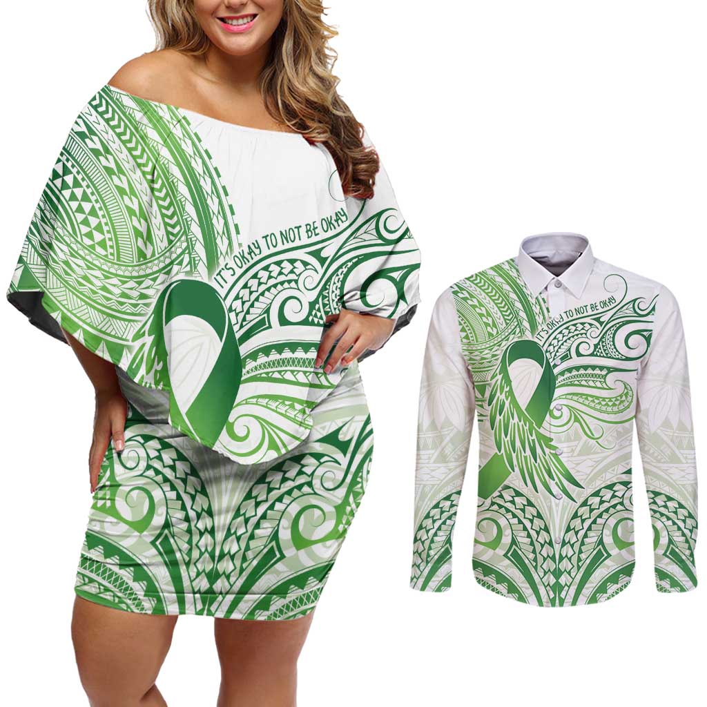 Its Okay Green Ribbon Personalised Couples Matching Off Shoulder Short Dress and Long Sleeve Button Shirt Polynesian Depression Awareness LT9 Green - Polynesian Pride