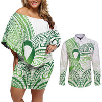 Its Okay Green Ribbon Personalised Couples Matching Off Shoulder Short Dress and Long Sleeve Button Shirt Polynesian Depression Awareness LT9 Green - Polynesian Pride