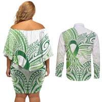 Its Okay Green Ribbon Personalised Couples Matching Off Shoulder Short Dress and Long Sleeve Button Shirt Polynesian Depression Awareness LT9 - Polynesian Pride