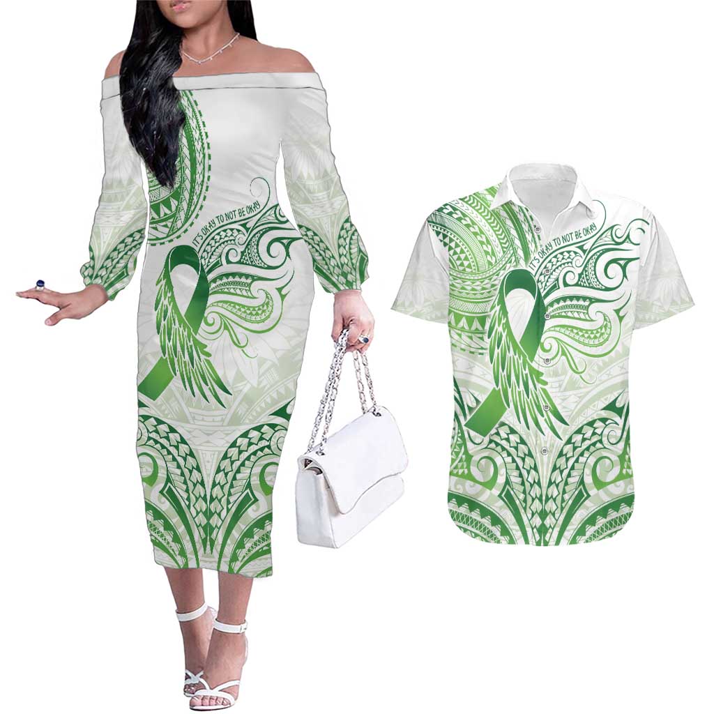 Its Okay Green Ribbon Personalised Couples Matching Off The Shoulder Long Sleeve Dress and Hawaiian Shirt Polynesian Depression Awareness LT9 Green - Polynesian Pride