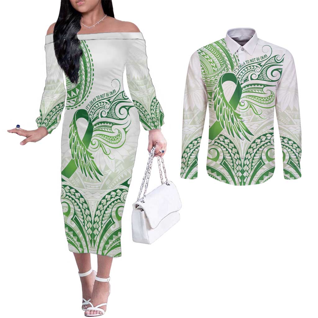 Its Okay Green Ribbon Personalised Couples Matching Off The Shoulder Long Sleeve Dress and Long Sleeve Button Shirt Polynesian Depression Awareness LT9 Green - Polynesian Pride