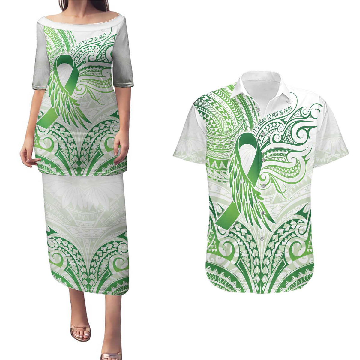 Its Okay Green Ribbon Personalised Couples Matching Puletasi and Hawaiian Shirt Polynesian Depression Awareness LT9 Green - Polynesian Pride