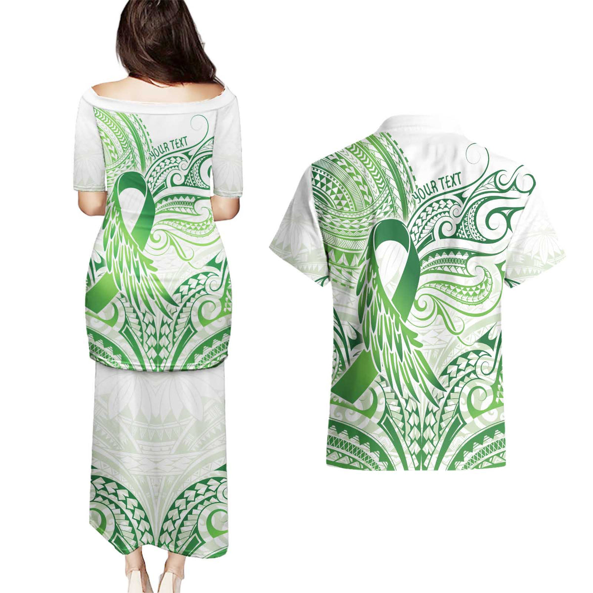 Its Okay Green Ribbon Personalised Couples Matching Puletasi and Hawaiian Shirt Polynesian Depression Awareness LT9 - Polynesian Pride