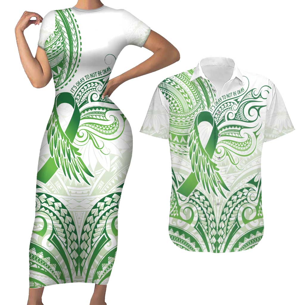 Its Okay Green Ribbon Personalised Couples Matching Short Sleeve Bodycon Dress and Hawaiian Shirt Polynesian Depression Awareness LT9 Green - Polynesian Pride