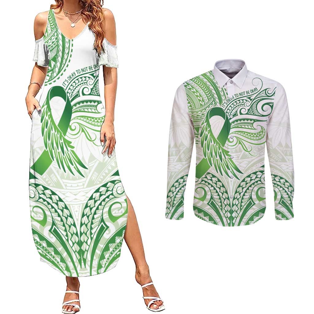 Its Okay Green Ribbon Personalised Couples Matching Summer Maxi Dress and Long Sleeve Button Shirt Polynesian Depression Awareness LT9 Green - Polynesian Pride