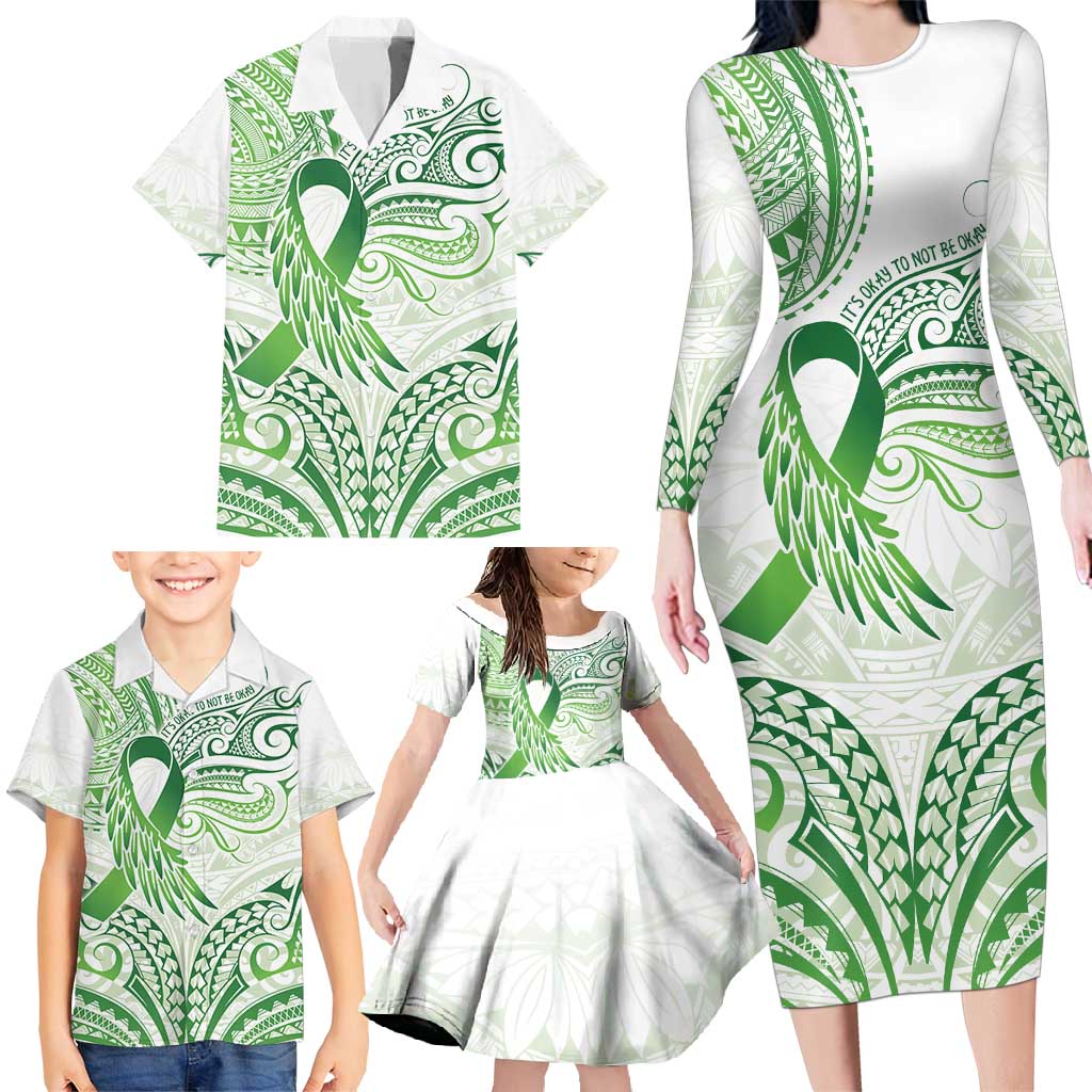 Its Okay Green Ribbon Personalised Family Matching Long Sleeve Bodycon Dress and Hawaiian Shirt Polynesian Depression Awareness