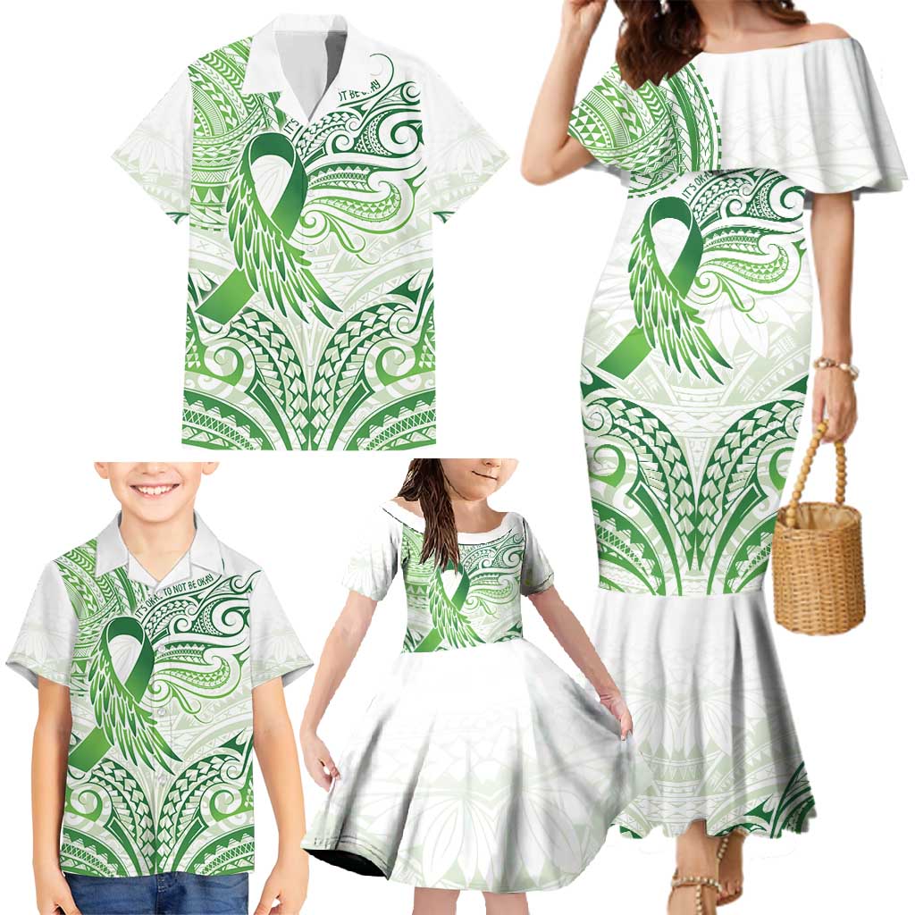 Its Okay Green Ribbon Personalised Family Matching Mermaid Dress and Hawaiian Shirt Polynesian Depression Awareness