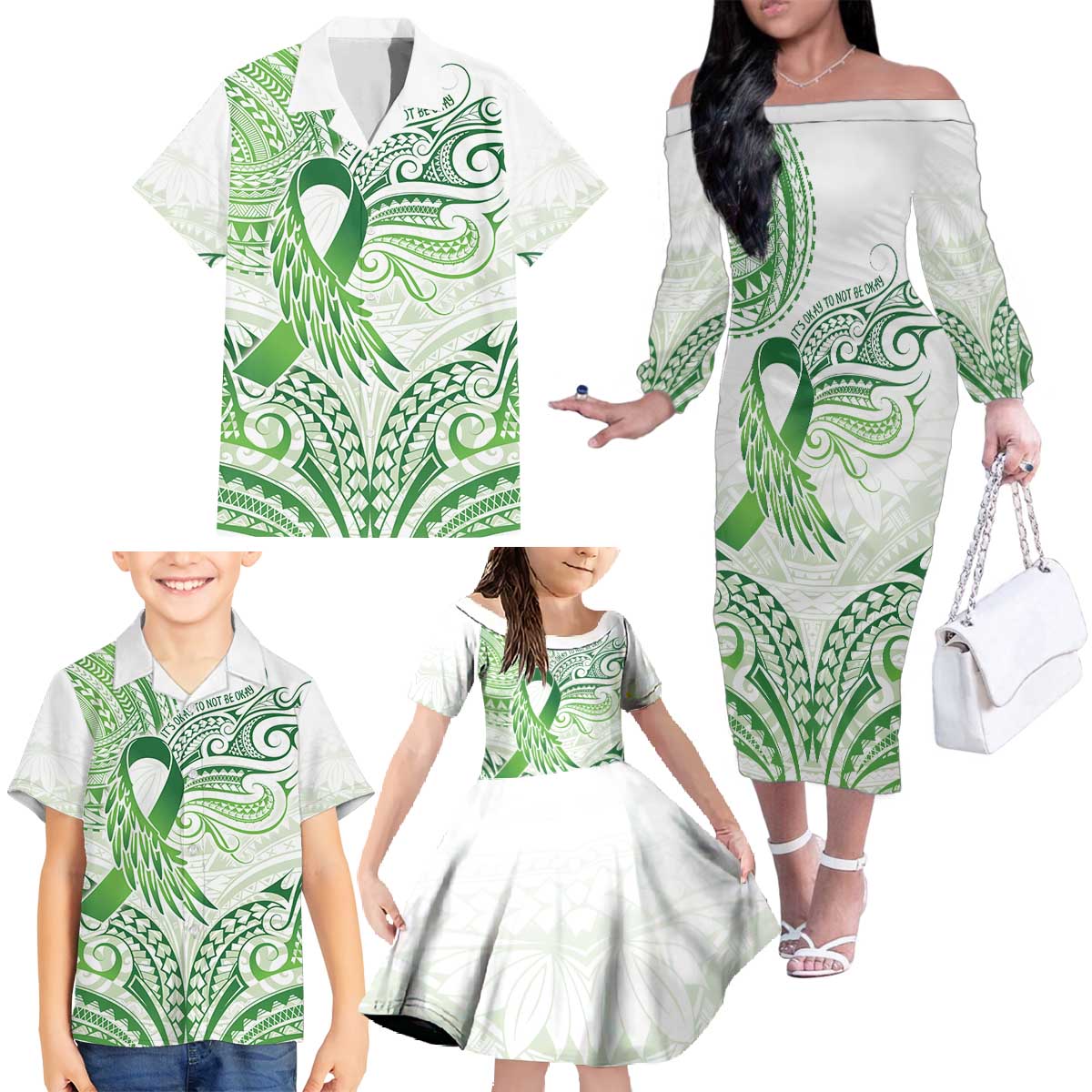 Its Okay Green Ribbon Personalised Family Matching Off The Shoulder Long Sleeve Dress and Hawaiian Shirt Polynesian Depression Awareness