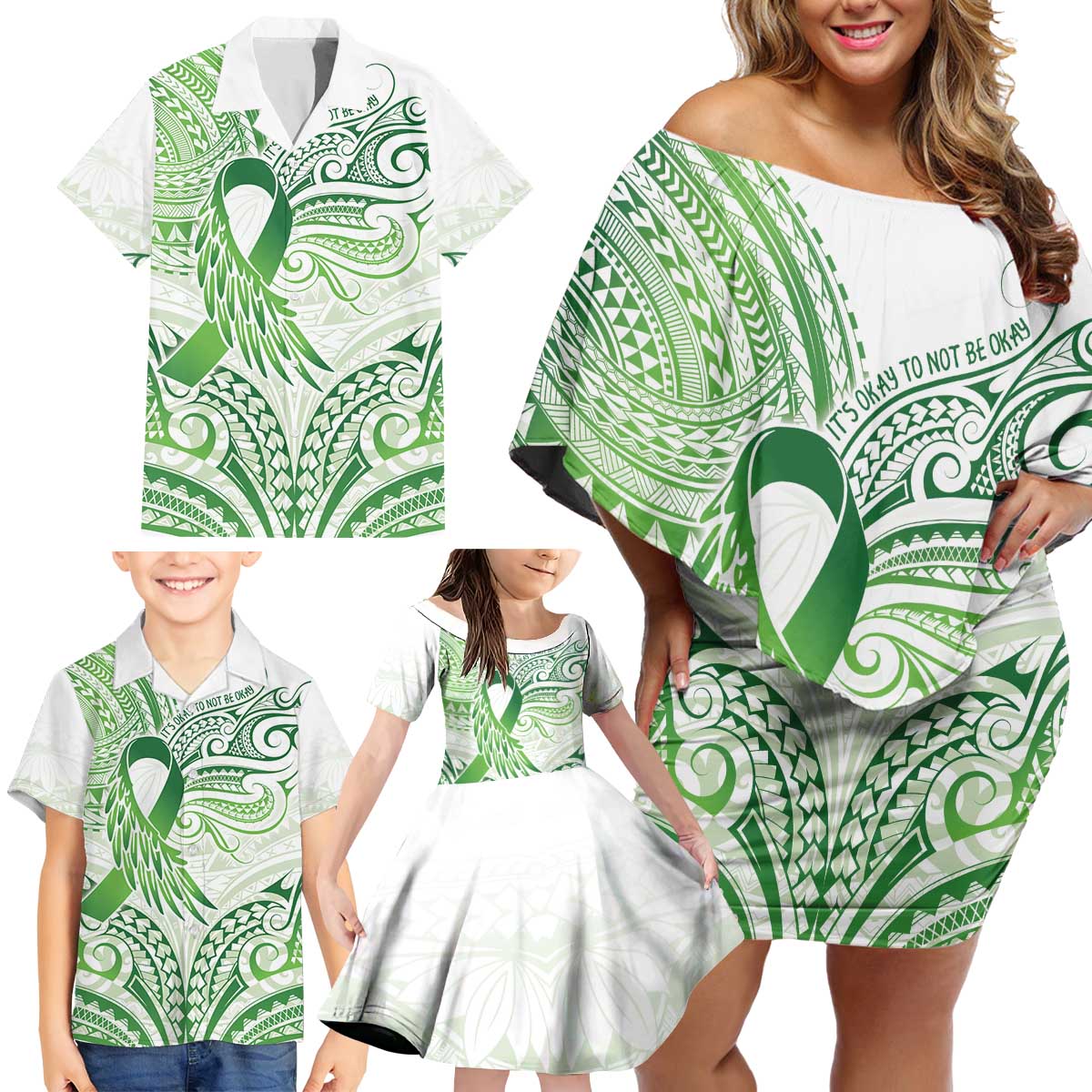 Its Okay Green Ribbon Personalised Family Matching Off Shoulder Short Dress and Hawaiian Shirt Polynesian Depression Awareness