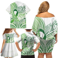 Its Okay Green Ribbon Personalised Family Matching Off Shoulder Short Dress and Hawaiian Shirt Polynesian Depression Awareness