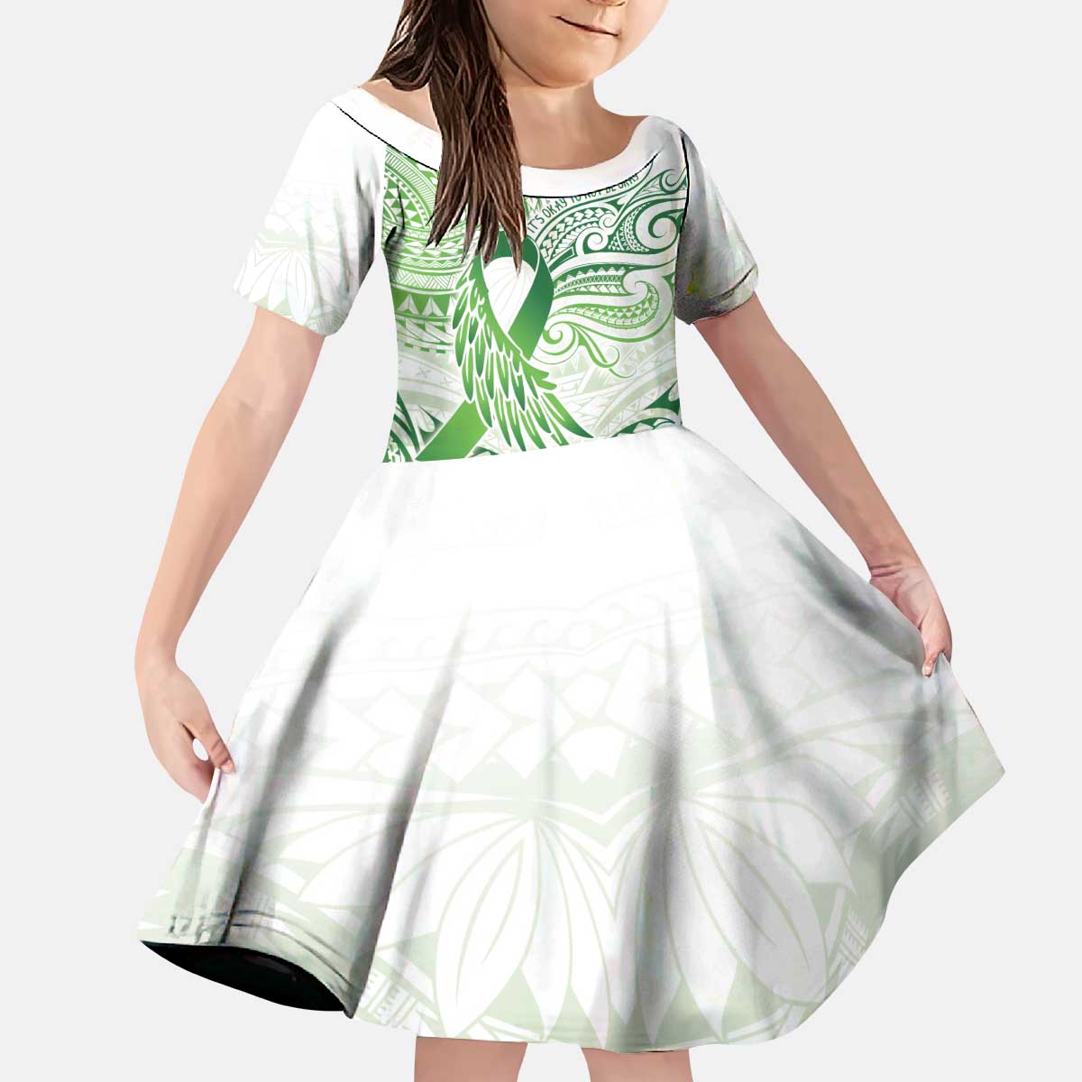 Its Okay Green Ribbon Personalised Kid Short Sleeve Dress Polynesian Depression Awareness