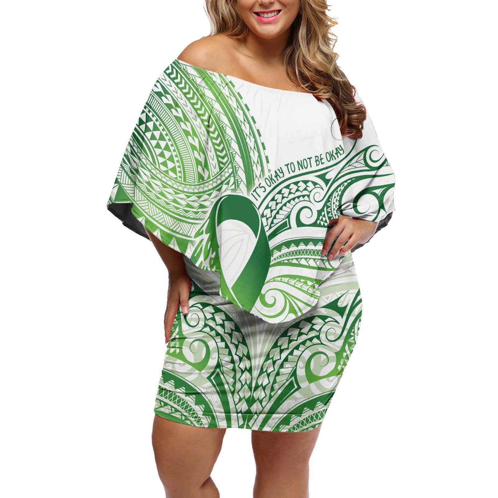 Its Okay Green Ribbon Personalised Off Shoulder Short Dress Polynesian Depression Awareness LT9 Women Green - Polynesian Pride