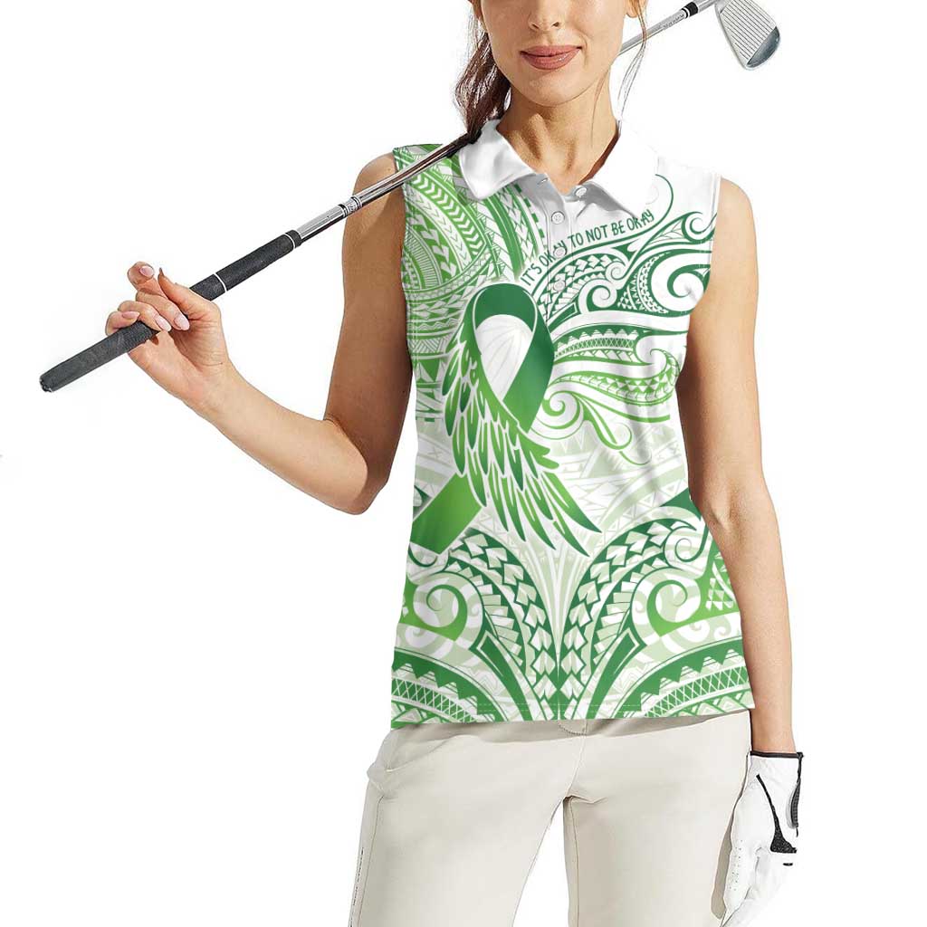 Its Okay Green Ribbon Personalised Women Sleeveless Polo Shirt Polynesian Depression Awareness