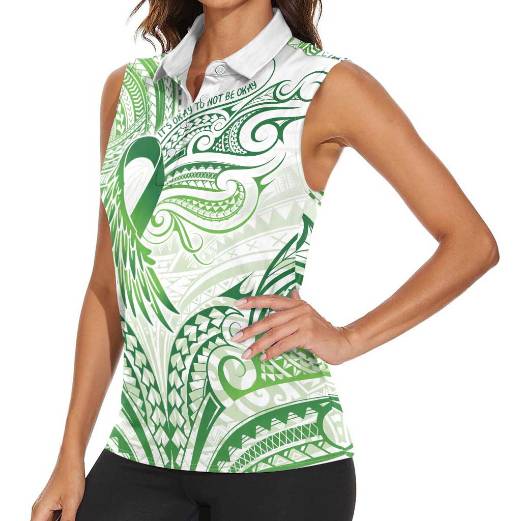 Its Okay Green Ribbon Personalised Women Sleeveless Polo Shirt Polynesian Depression Awareness