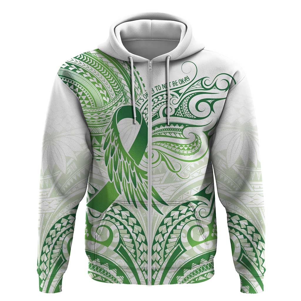 Its Okay Green Ribbon Personalised Zip Hoodie Polynesian Depression Awareness