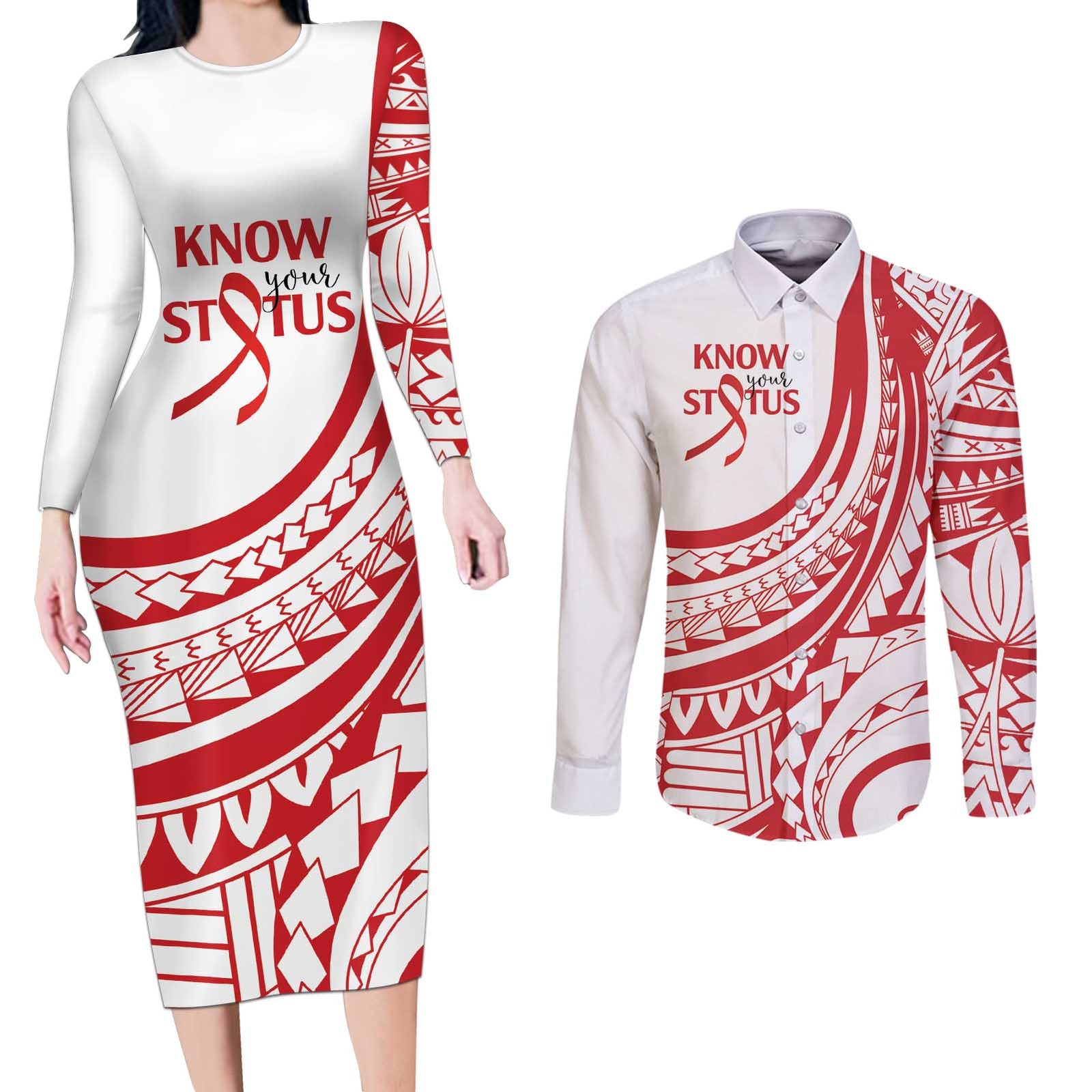 Know Your Status Red Ribbon Personalised Couples Matching Long Sleeve Bodycon Dress and Long Sleeve Button Shirt Polynesian AIDS Awareness LT9 Red - Polynesian Pride
