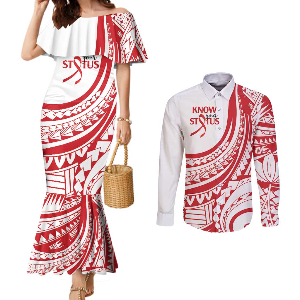 Know Your Status Red Ribbon Personalised Couples Matching Mermaid Dress and Long Sleeve Button Shirt Polynesian AIDS Awareness LT9 Red - Polynesian Pride