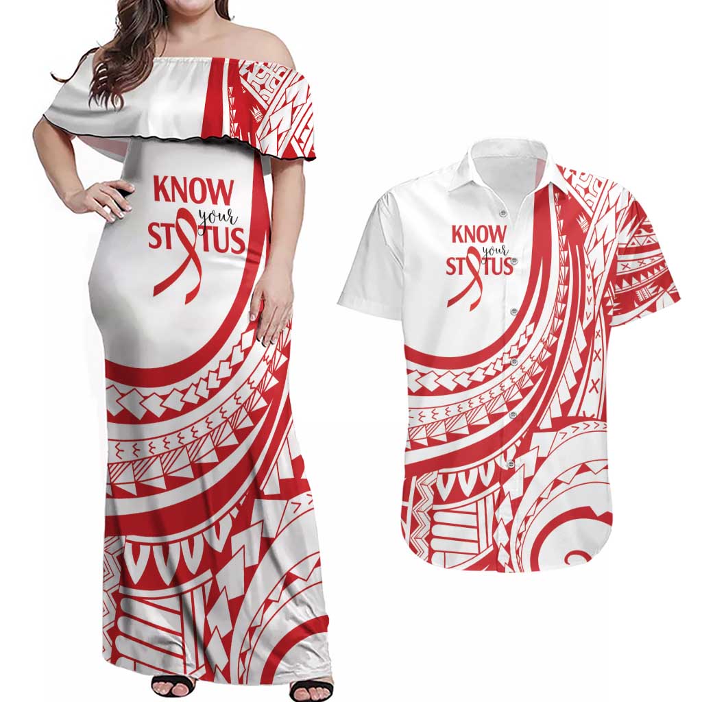 Know Your Status Red Ribbon Personalised Couples Matching Off Shoulder Maxi Dress and Hawaiian Shirt Polynesian AIDS Awareness