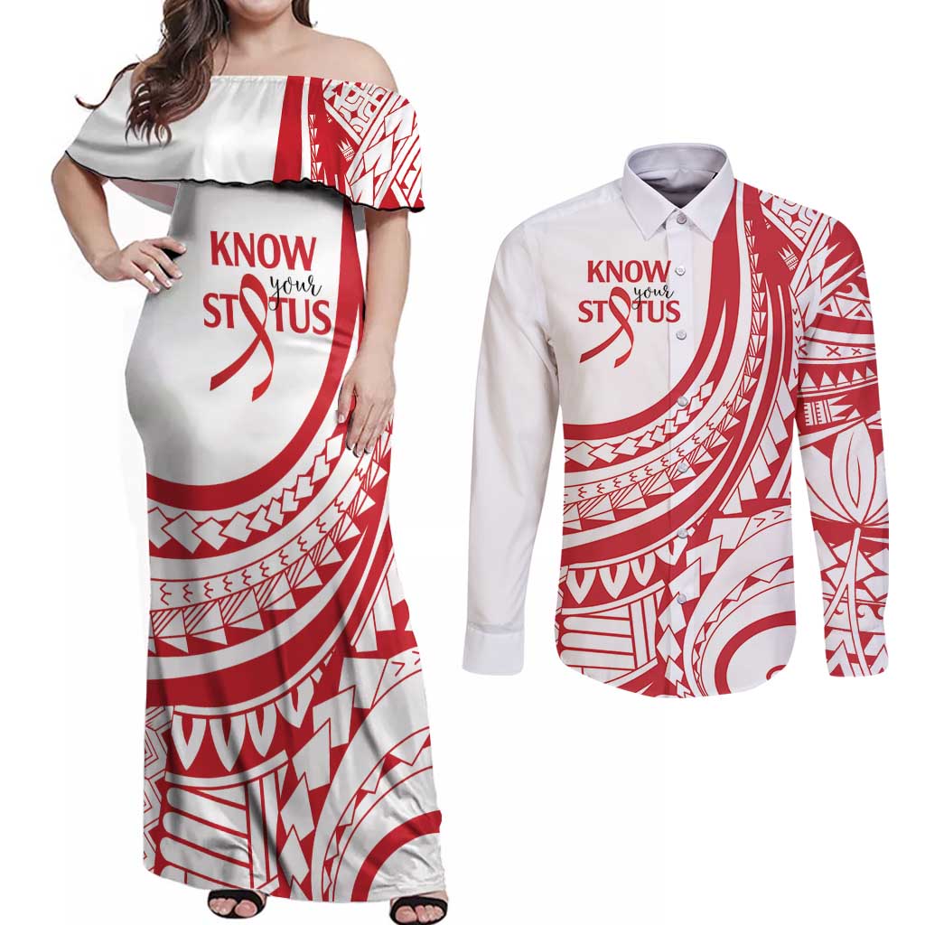 Know Your Status Red Ribbon Personalised Couples Matching Off Shoulder Maxi Dress and Long Sleeve Button Shirt Polynesian AIDS Awareness LT9 Red - Polynesian Pride