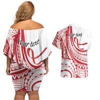 Know Your Status Red Ribbon Personalised Couples Matching Off Shoulder Short Dress and Hawaiian Shirt Polynesian AIDS Awareness LT9 - Polynesian Pride