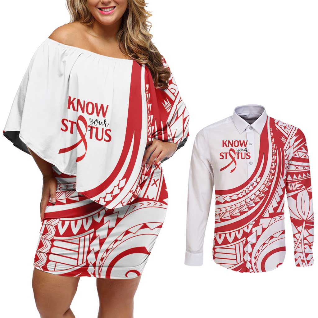 Know Your Status Red Ribbon Personalised Couples Matching Off Shoulder Short Dress and Long Sleeve Button Shirt Polynesian AIDS Awareness LT9 Red - Polynesian Pride