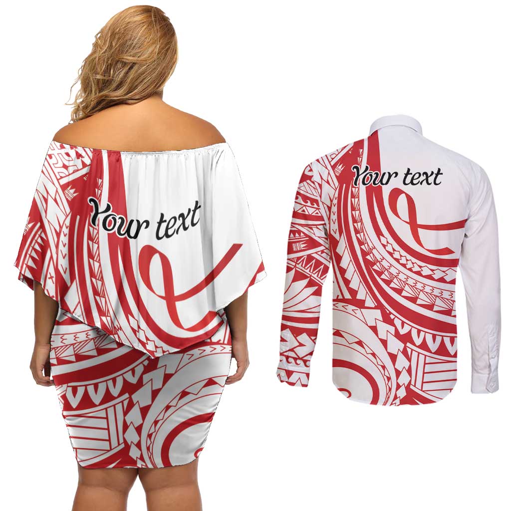Know Your Status Red Ribbon Personalised Couples Matching Off Shoulder Short Dress and Long Sleeve Button Shirt Polynesian AIDS Awareness LT9 - Polynesian Pride