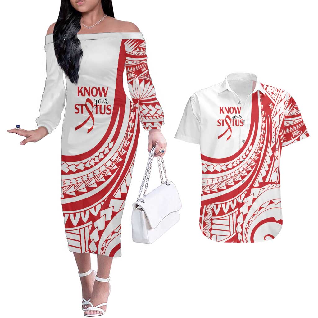 Know Your Status Red Ribbon Personalised Couples Matching Off The Shoulder Long Sleeve Dress and Hawaiian Shirt Polynesian AIDS Awareness LT9 Red - Polynesian Pride