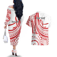 Know Your Status Red Ribbon Personalised Couples Matching Off The Shoulder Long Sleeve Dress and Hawaiian Shirt Polynesian AIDS Awareness LT9 - Polynesian Pride