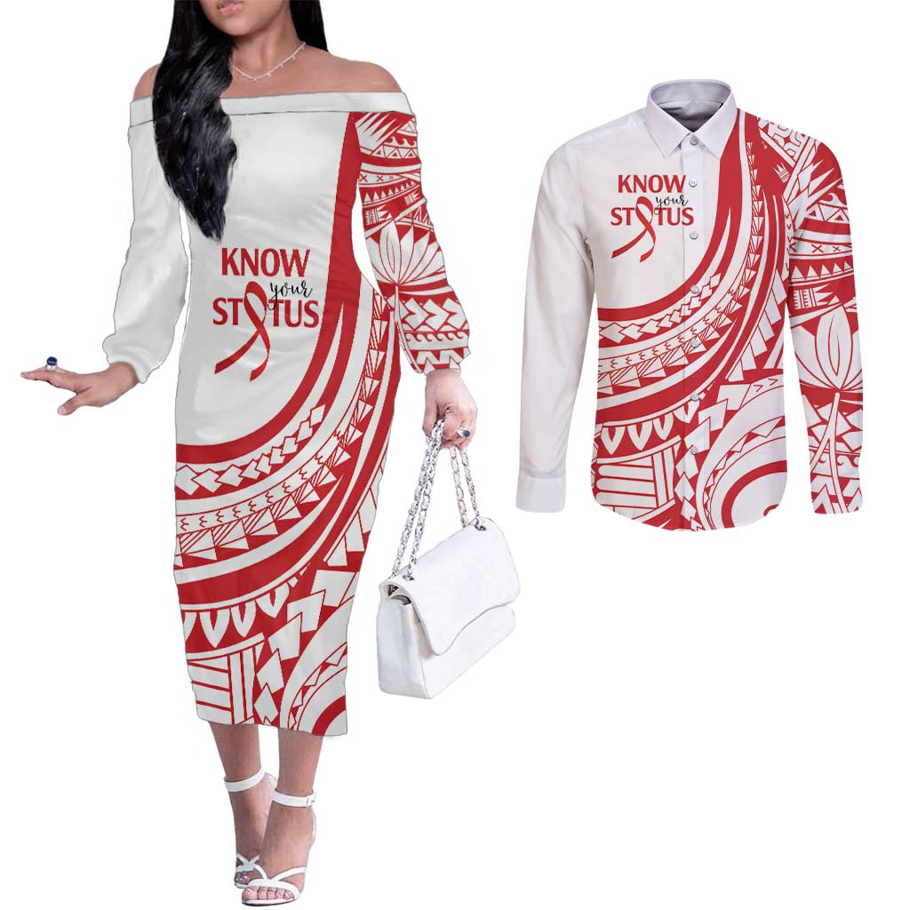 Know Your Status Red Ribbon Personalised Couples Matching Off The Shoulder Long Sleeve Dress and Long Sleeve Button Shirt Polynesian AIDS Awareness LT9 Red - Polynesian Pride