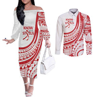 Know Your Status Red Ribbon Personalised Couples Matching Off The Shoulder Long Sleeve Dress and Long Sleeve Button Shirt Polynesian AIDS Awareness LT9 Red - Polynesian Pride