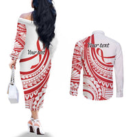 Know Your Status Red Ribbon Personalised Couples Matching Off The Shoulder Long Sleeve Dress and Long Sleeve Button Shirt Polynesian AIDS Awareness LT9 - Polynesian Pride