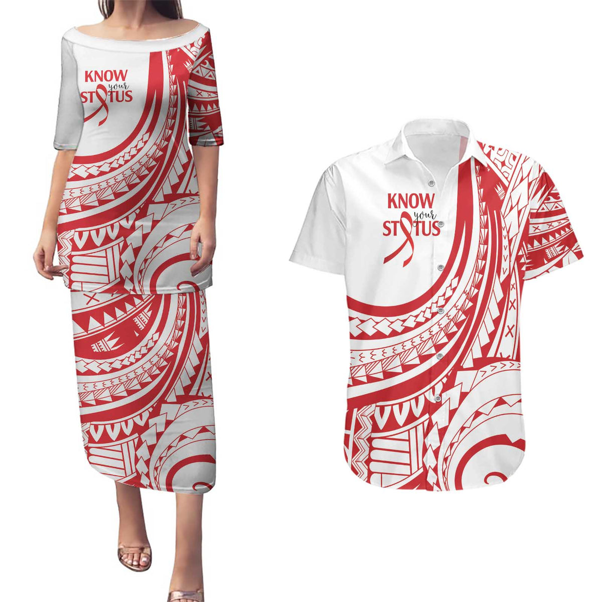 Know Your Status Red Ribbon Personalised Couples Matching Puletasi and Hawaiian Shirt Polynesian AIDS Awareness LT9 Red - Polynesian Pride