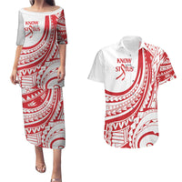 Know Your Status Red Ribbon Personalised Couples Matching Puletasi and Hawaiian Shirt Polynesian AIDS Awareness LT9 Red - Polynesian Pride