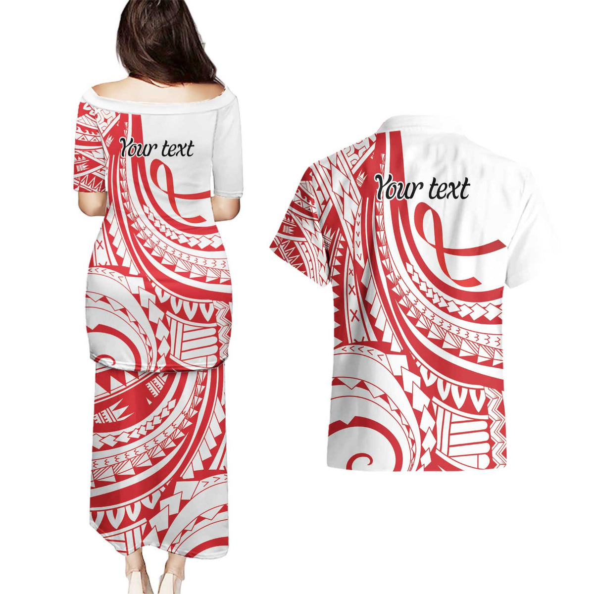 Know Your Status Red Ribbon Personalised Couples Matching Puletasi and Hawaiian Shirt Polynesian AIDS Awareness LT9 - Polynesian Pride
