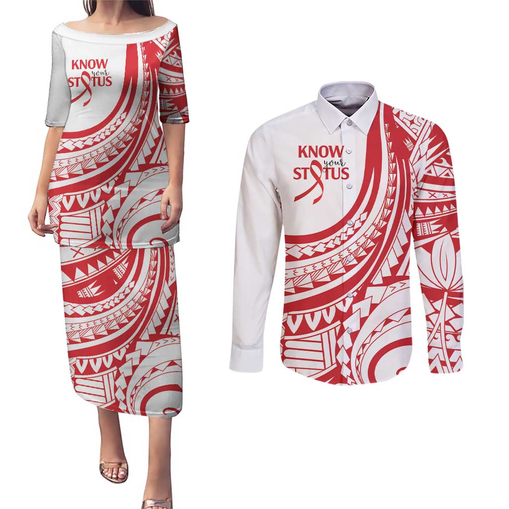 Know Your Status Red Ribbon Personalised Couples Matching Puletasi and Long Sleeve Button Shirt Polynesian AIDS Awareness LT9 Red - Polynesian Pride