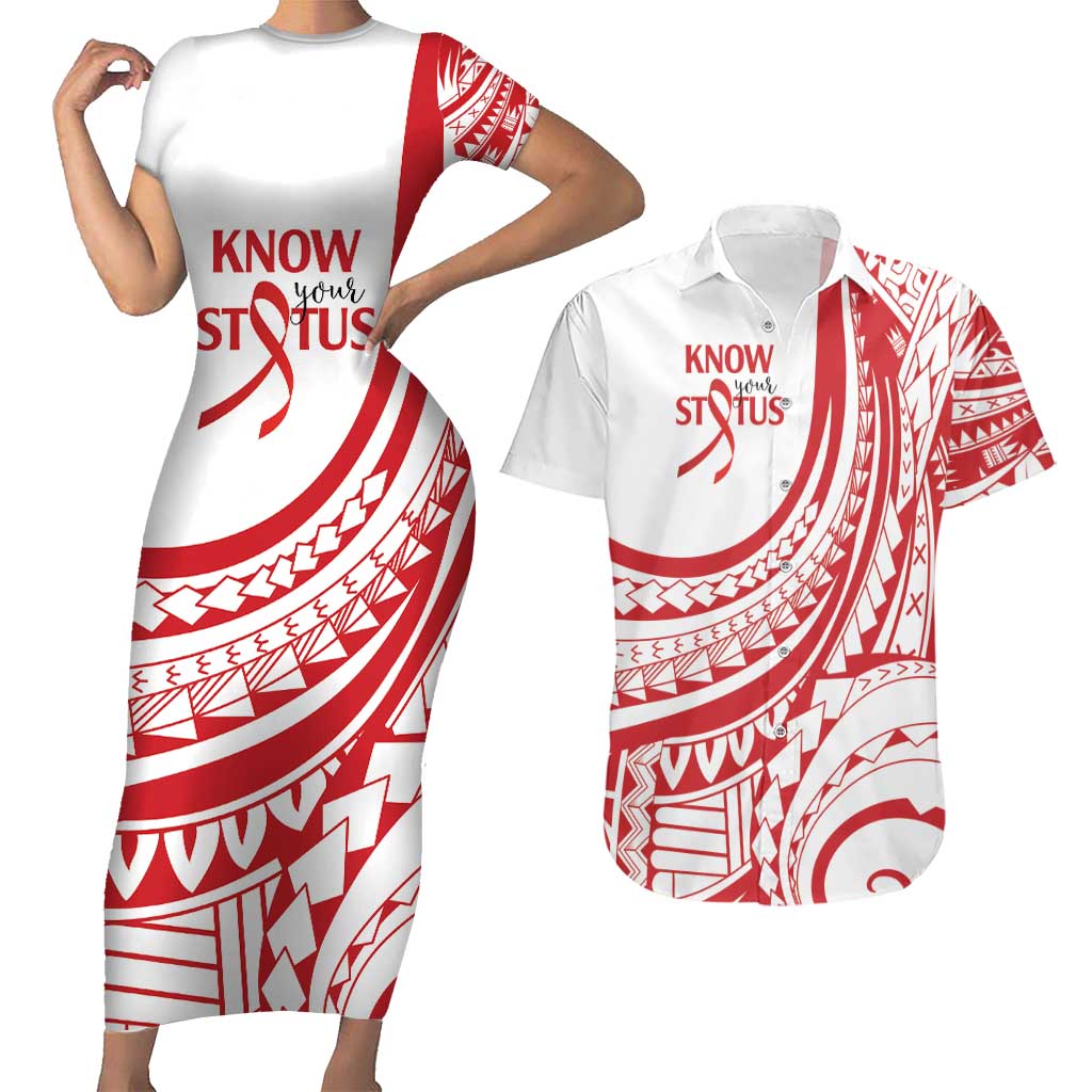 Know Your Status Red Ribbon Personalised Couples Matching Short Sleeve Bodycon Dress and Hawaiian Shirt Polynesian AIDS Awareness LT9 Red - Polynesian Pride