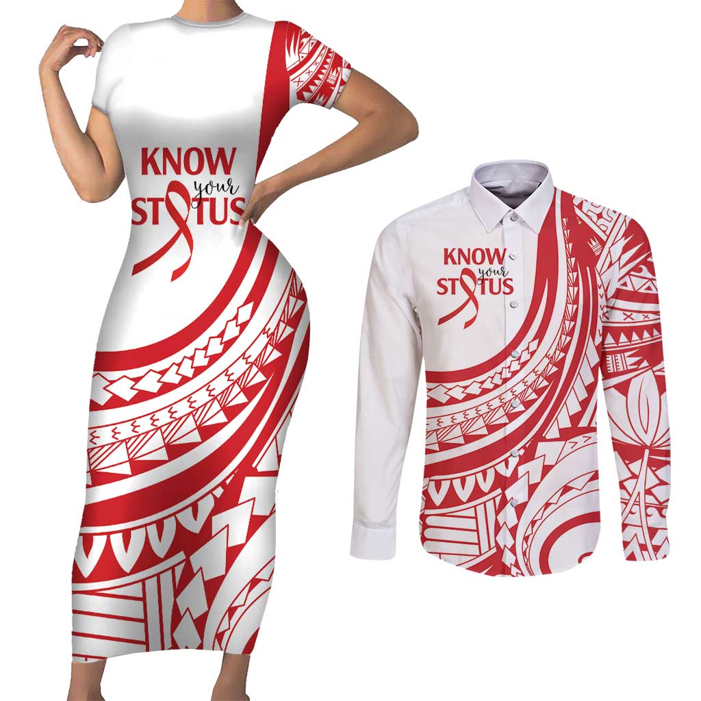 Know Your Status Red Ribbon Personalised Couples Matching Short Sleeve Bodycon Dress and Long Sleeve Button Shirt Polynesian AIDS Awareness LT9 Red - Polynesian Pride