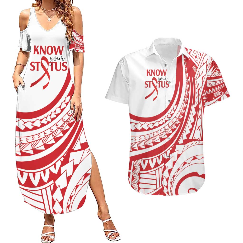 Know Your Status Red Ribbon Personalised Couples Matching Summer Maxi Dress and Hawaiian Shirt Polynesian AIDS Awareness LT9 Red - Polynesian Pride