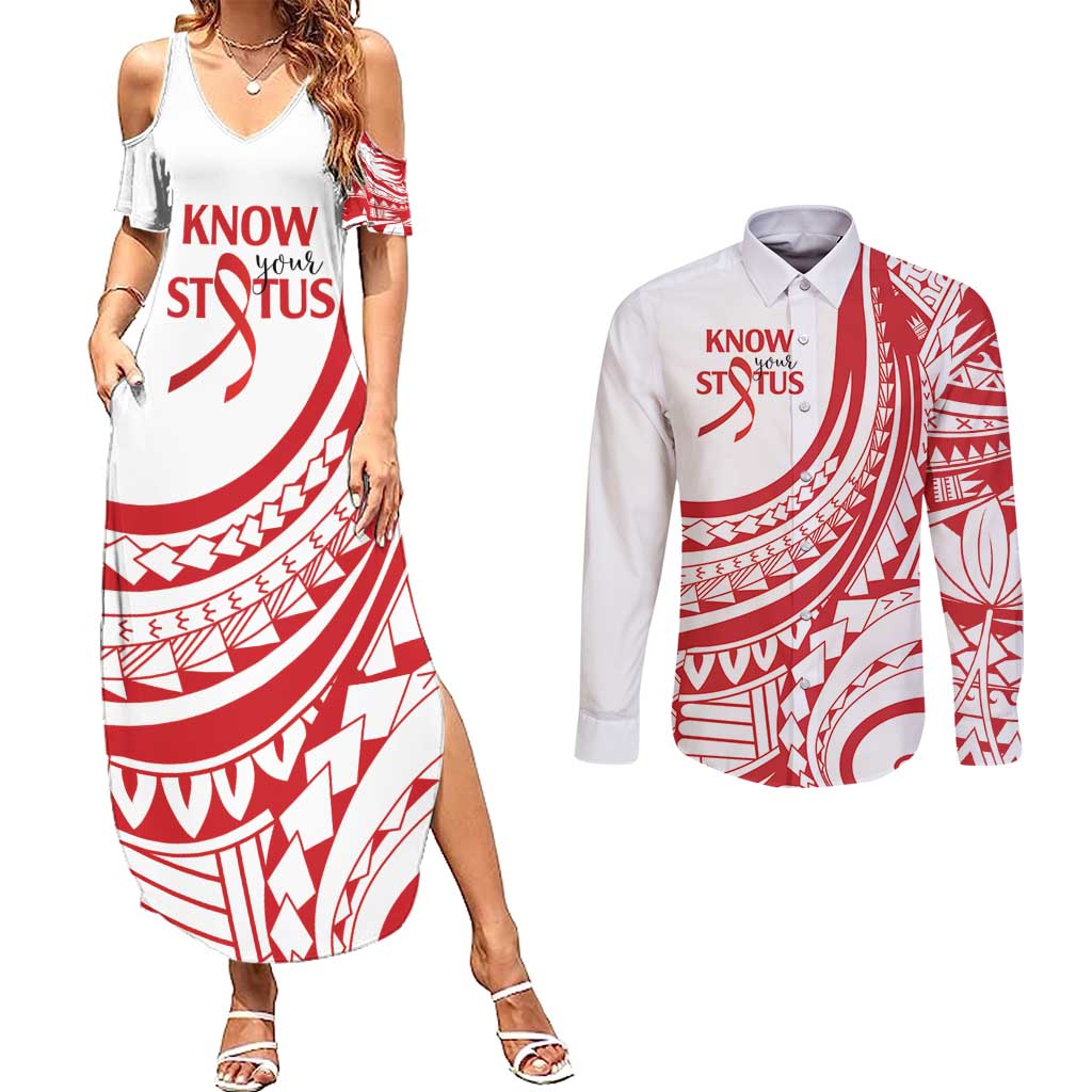 Know Your Status Red Ribbon Personalised Couples Matching Summer Maxi Dress and Long Sleeve Button Shirt Polynesian AIDS Awareness LT9 Red - Polynesian Pride