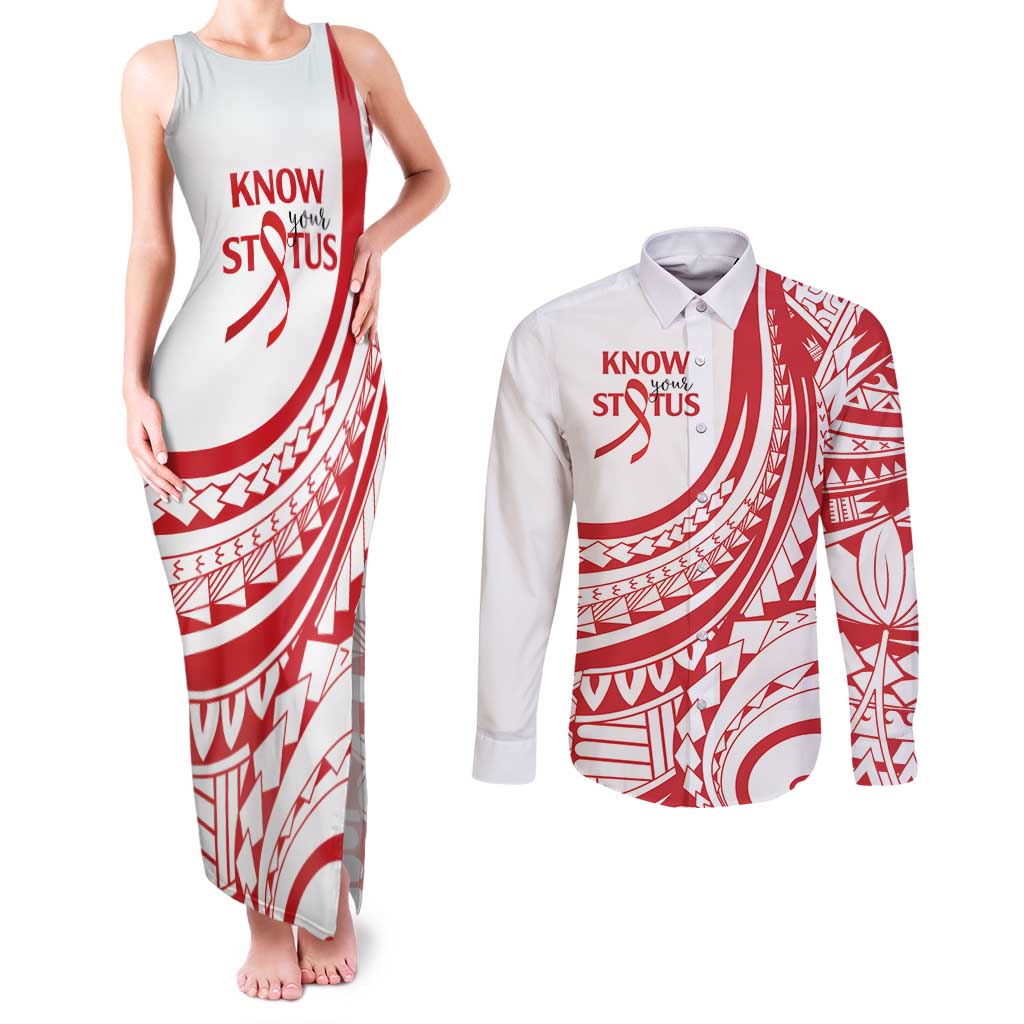 Know Your Status Red Ribbon Personalised Couples Matching Tank Maxi Dress and Long Sleeve Button Shirt Polynesian AIDS Awareness LT9 Red - Polynesian Pride
