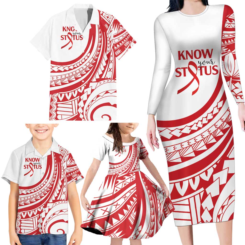 Know Your Status Red Ribbon Personalised Family Matching Long Sleeve Bodycon Dress and Hawaiian Shirt Polynesian AIDS Awareness