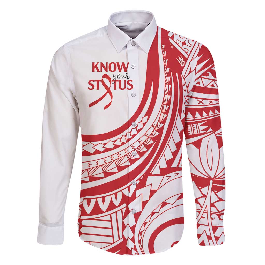 Know Your Status Red Ribbon Personalised Family Matching Long Sleeve Bodycon Dress and Hawaiian Shirt Polynesian AIDS Awareness