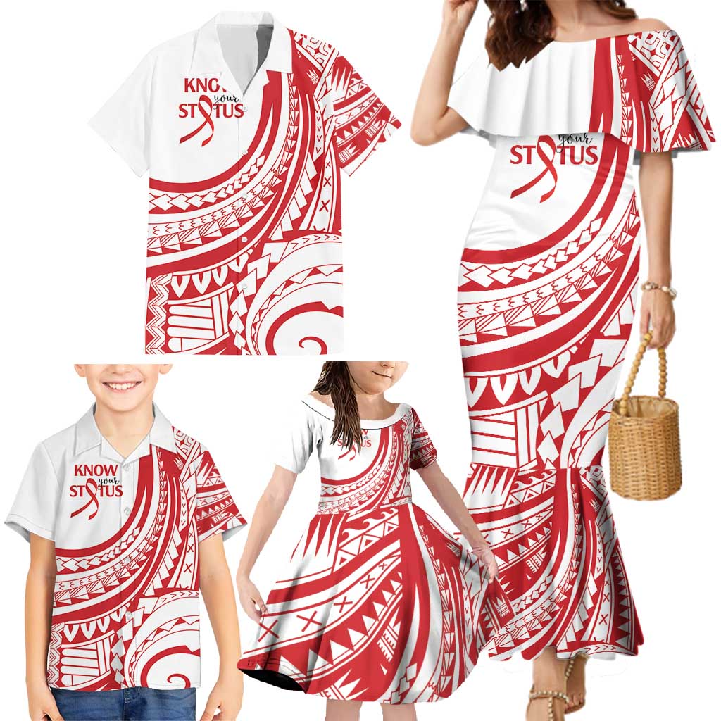 Know Your Status Red Ribbon Personalised Family Matching Mermaid Dress and Hawaiian Shirt Polynesian AIDS Awareness