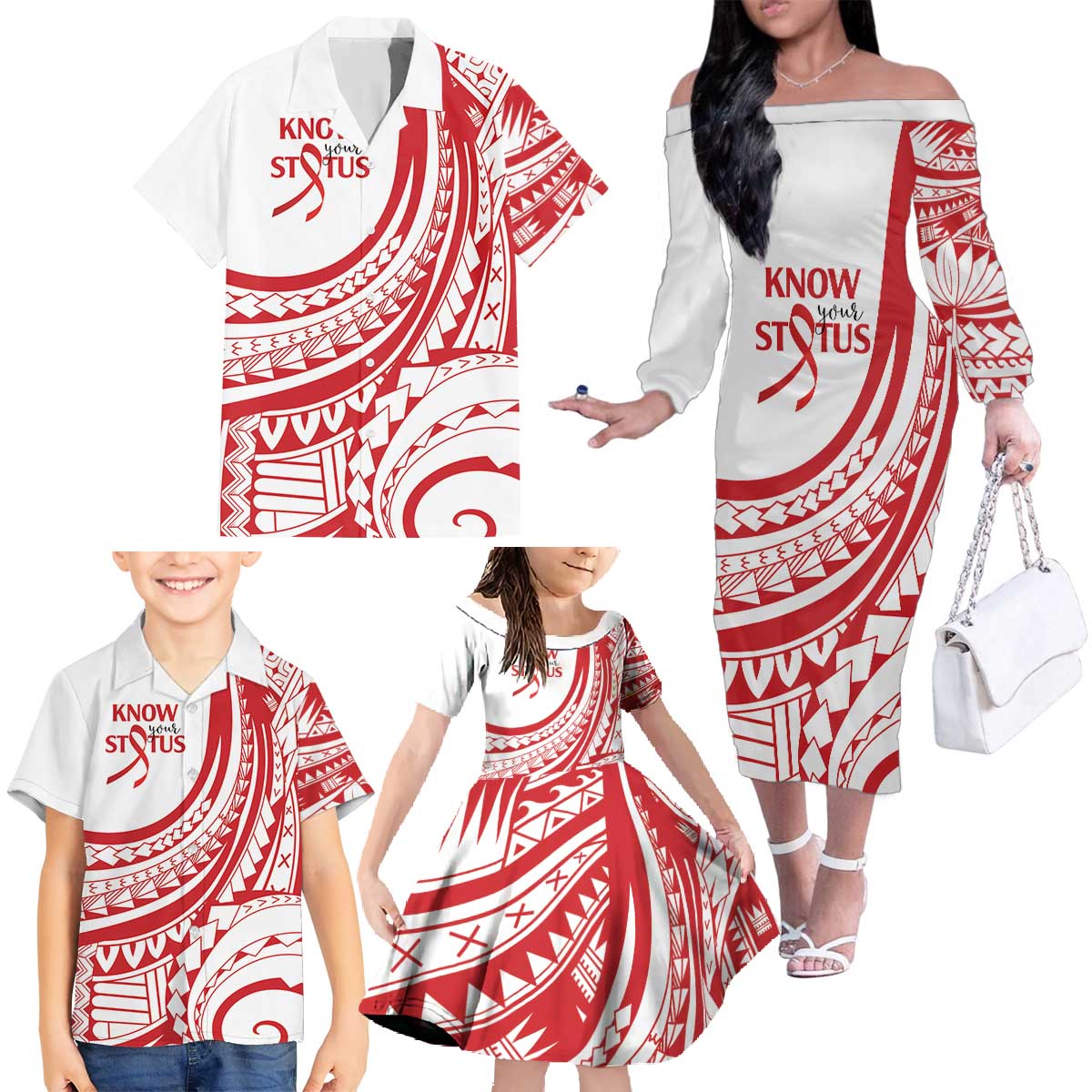 Know Your Status Red Ribbon Personalised Family Matching Off The Shoulder Long Sleeve Dress and Hawaiian Shirt Polynesian AIDS Awareness