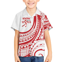 Know Your Status Red Ribbon Personalised Family Matching Off The Shoulder Long Sleeve Dress and Hawaiian Shirt Polynesian AIDS Awareness