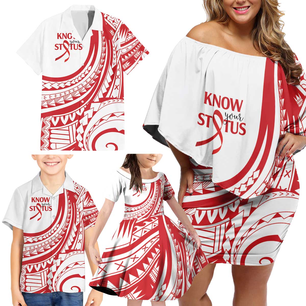 Know Your Status Red Ribbon Personalised Family Matching Off Shoulder Short Dress and Hawaiian Shirt Polynesian AIDS Awareness