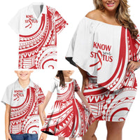 Know Your Status Red Ribbon Personalised Family Matching Off Shoulder Short Dress and Hawaiian Shirt Polynesian AIDS Awareness LT9 - Polynesian Pride