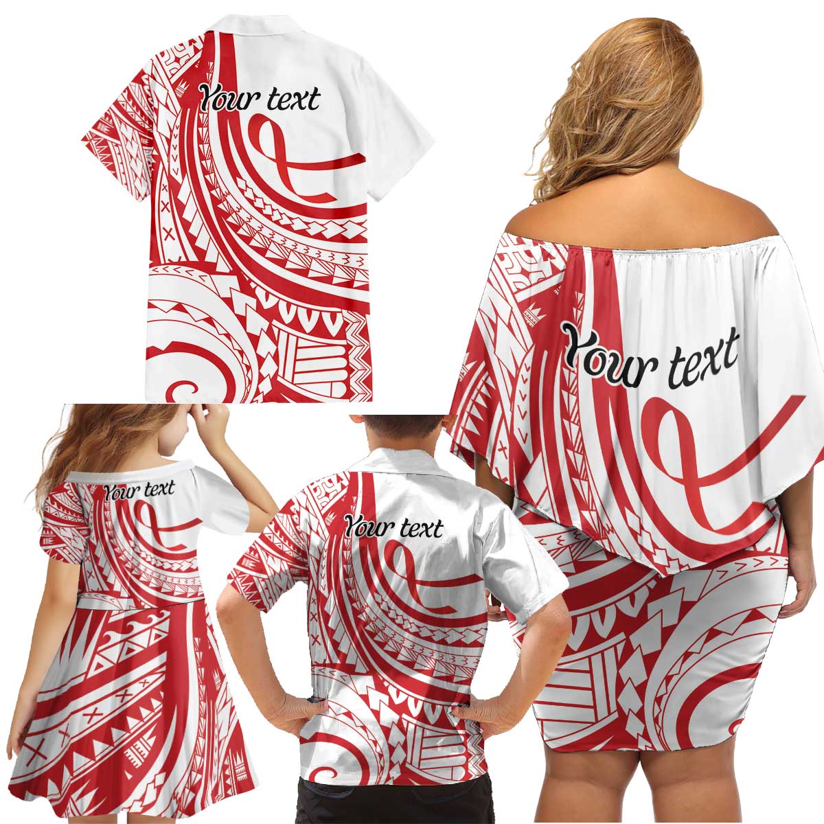 Know Your Status Red Ribbon Personalised Family Matching Off Shoulder Short Dress and Hawaiian Shirt Polynesian AIDS Awareness LT9 - Polynesian Pride
