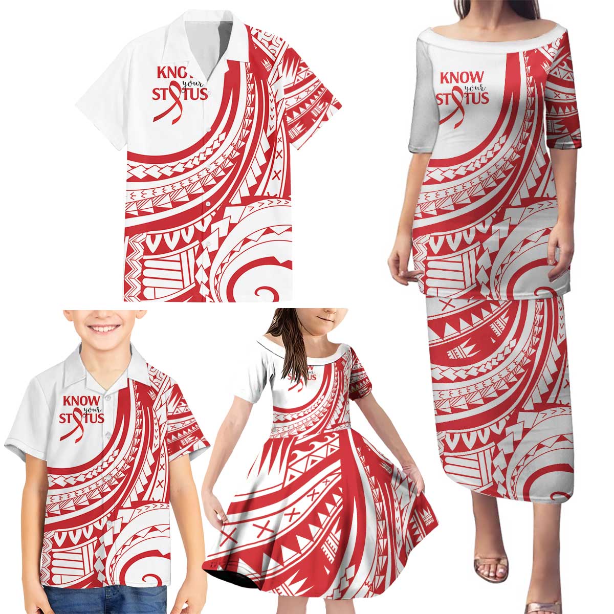 Know Your Status Red Ribbon Personalised Family Matching Puletasi and Hawaiian Shirt Polynesian AIDS Awareness