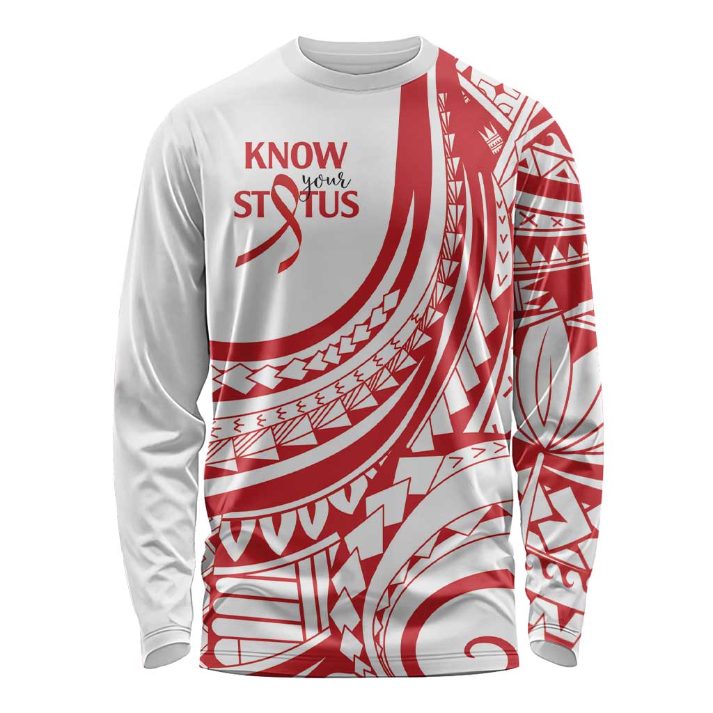 Know Your Status Red Ribbon Personalised Long Sleeve Shirt Polynesian AIDS Awareness